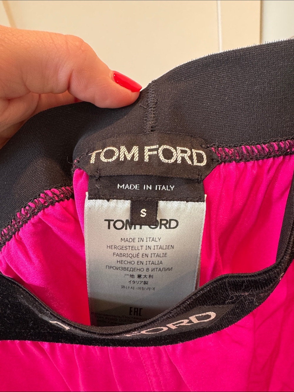 Tom Ford Satin Bike Shorts in Fuchsia with Black Waistband - Picture 2 of 3
